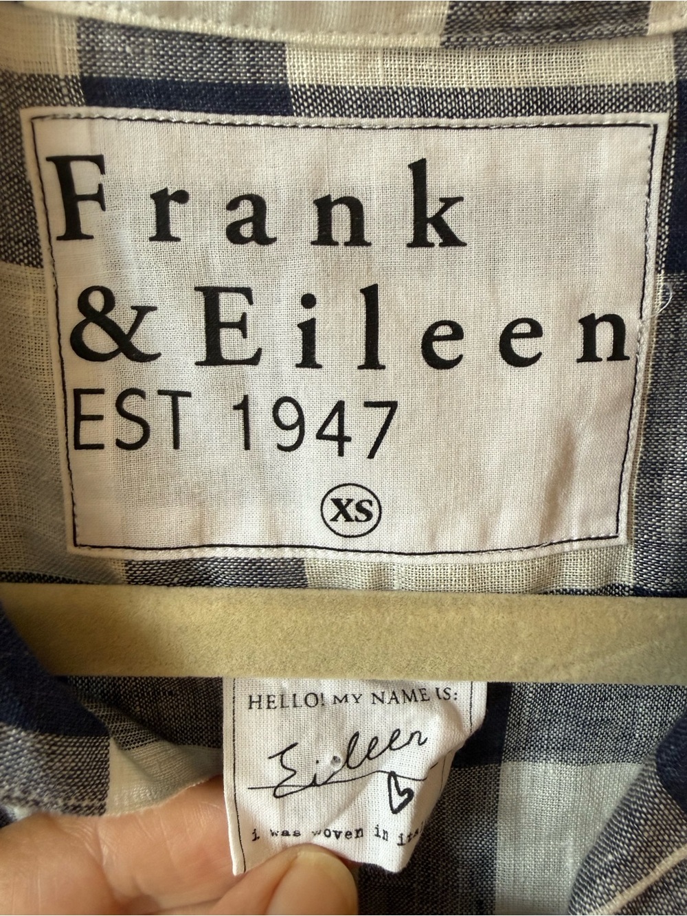 Frank & Eileen 100% Linen navy white plaid button up shirt - Picture 6 of 8